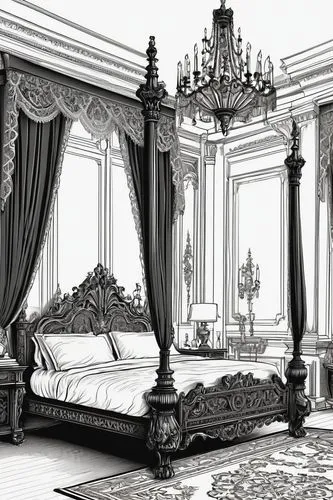 ornate room,bedchamber,victorian room,chambre,bridal suite,four poster,sleeping room,guest room,bedrooms,opulently,bedroom,great room,opulence,opulent,bedspreads,victorian style,neoclassical,palatial,interior decoration,royal interior,Illustration,Black and White,Black and White 04