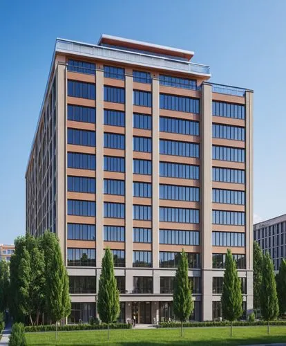 a modern office building with glassy windows and grass in front,office building,headquarter,tveruniversalbank,nbbj,citicorp,company headquarters,office buildings,uspto,technopark,dtcc,langfang,soochow