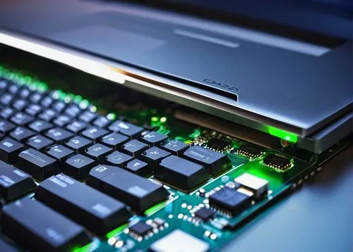 Modern laptop, opened, keyboard, screen, CPU, motherboard, RAM, GPU, circuit board, wires, chips, metal casing, sleek design, futuristic, bright lighting, shallow depth of field, 45-degree angle, clos