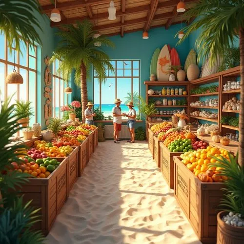 Beach themed grocery store, summer vibes, colorful tropical fruits, palm tree decorations, sandy floor, seashell displays, surfing boards on walls, beach balls scattered around, flip flop wearing staf