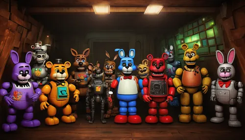 Imagine a futuristic FNAF Jr's adventure where the animatronics have advanced AI.,group photo,rabbit family,rabbits,adventure game,easter rabbits,family reunion,plush toys,plush figures,toy's story,ga