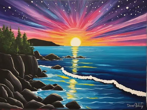 coast sunset,art painting,sunset beach,meteor rideau,sunrise beach,split rock,lake superior,oil painting on canvas,seascape,coastal landscape,indigenous painting,sun and sea,glass painting,painting technique,northen light,sea landscape,sun burst,northernlight,duluth,sun,Illustration,American Style,American Style 14