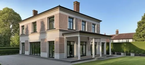 willa, brick facade, classical english house, elegant, trees, suburbs, perspective view, tarrace with elegant furnitures, lushy greenery, high grasses, happy family with dog,orangerie,immobilier,maiso