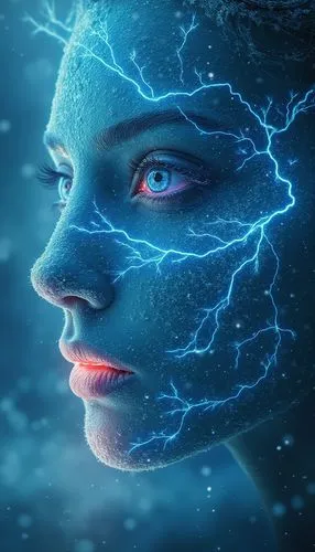 the woman has an electric face on her face,alita,telepath,cortana,telepaths,sci fiction illustration,fathom,Photography,Artistic Photography,Artistic Photography 02