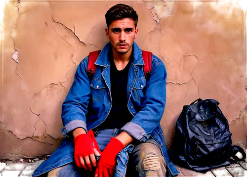 Refugee, sad eyes, dirty face, worn-out clothes, ripped jacket, old backpack, tired expression, exhausted posture, sitting on ground, leaning against wall, dim lighting, gritty texture, shallow depth 