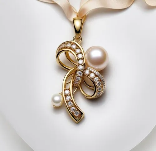 A pendant with round diamonds  on the ribbon, and bone colored pearls  ,high quality, high resolution, ultra distills, 8k,a gold necklace with pearls and ribbon around it,boucheron,bridal jewelry,chau