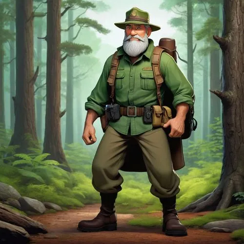 A 50-year-old strong man with short greay-colored beard, dressed in forest ranger clothing and wearing a cap. He has green eyes and carries the appearance of a quiet, wise man with a calm and taciturn