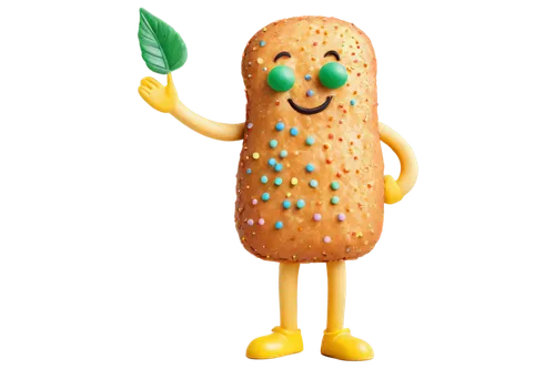 Cartoon bread, anthropomorphic, smiling face, shiny eyes, golden crust, soft white interior, green leaf on top, colorful sprinkles, standing upright, one leg bent, playful pose, warm lighting, pastel 