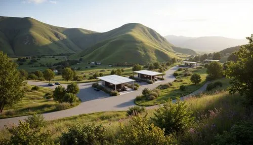 Rustic hillside, winding roads, serene natural scenery, electric vehicle charging stations, modern sleek designs, solar panels, green roofs, eco-friendly materials, innovative energy storage systems, 