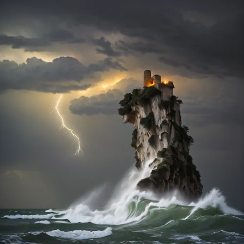 fantasy picture,sea stack,electric lighthouse,lighthouse,water castle,fairy chimney,light house,sea storm,fantasy art,fantasy landscape,nature's wrath,ghost castle,god of the sea,poseidon,islet,ruined