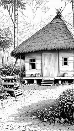 Boceto sencillo,a pen drawing of an old wood cabin,longhouses,longhouse,straw hut,wampanoag,cottage,traditional house,Design Sketch,Design Sketch,Detailed Outline