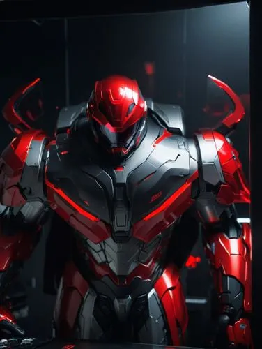 An awesome machine that has a red visor, with his hands on a table ,a robot suit with red lighting in a room,ironhide,cliffjumper,ultron,evangelion mech unit 02,jaegers,sektor,Conceptual Art,Fantasy,F