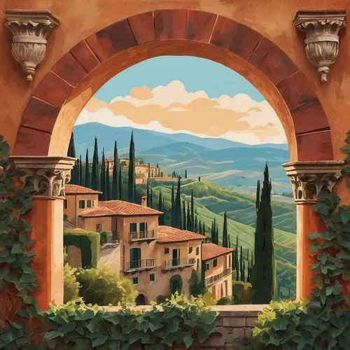 Tuscan villa, terracotta roof tiles, rustic stone walls, ornate wooden doors, greenery creeping up walls, vines wrapped around columns, intricately carved stone balconies, warm golden lighting, aftern