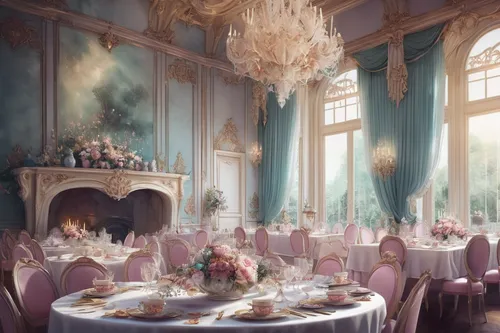 tearoom,high tea,breakfast room,afternoon tea,ballroom,exclusive banquet,tea service,wedding banquet,ornate room,dining room,fine dining restaurant,dandelion hall,paris cafe,versailles,chinaware,grand hotel,place setting,tablescape,rococo,silver wedding,Illustration,Realistic Fantasy,Realistic Fantasy 15