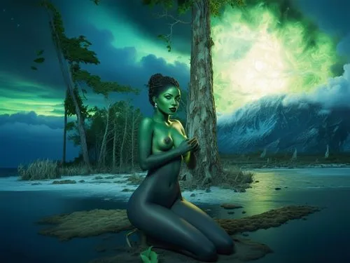 nude Beautiful nigerian girl, full dark curly hair, big green almond eyes, full black lips, misty sky,a green skinned girl sitting on the ground with her hands clasped in prayer,fantasy picture,green 