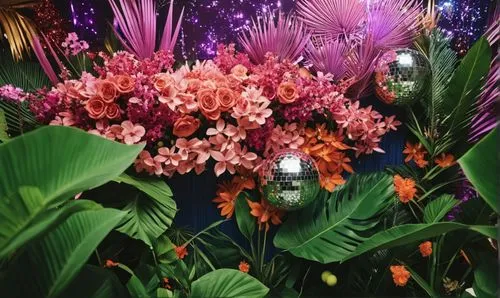 Can you make a render keeping the navy blue fabrics, and use this reference image to add flowers and disco balls, for a club effect

,this is a wall with many different flowers in it,tropical floral b