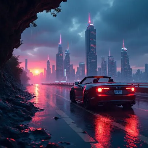 vette,futuristic landscape,dubai,car wallpapers,skyline,dusk