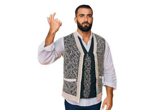 Palestinian man, raised fist, strong facial expression, thick beard, mustache, dark skin tone, white dishdasha, traditional clothing, embroidered vest, wide sleeves, standing, determined pose, soft na