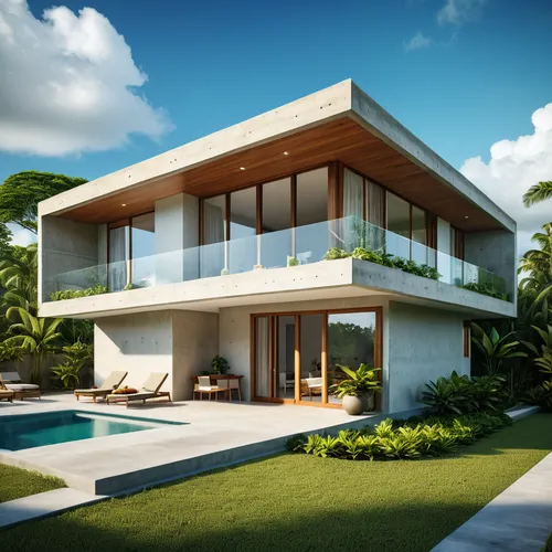 Design modern midcentury tropical concrete bungalow architecture with sleek lines, minimalist, and innovative materials. Craft a realistic contemporary atmosphere for a sophisticated and urban tropica