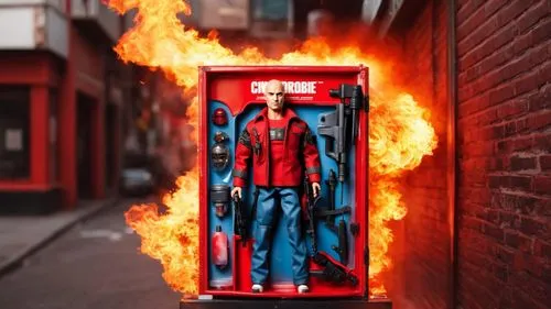 Sign that reads: "Open Fire", Logo masterpiece, Ultra realistic, dark, urban city, Grunge style,  High quality,  Red and white color Palette, Urban grunge, 
,Album CD Display case,,the action figure h