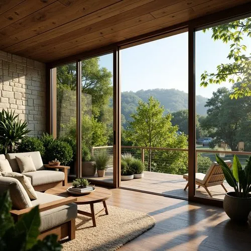 sunroom,mid century modern,wooden beams,wooden decking,home landscape,wooden windows,front porch,mid century house,wood window,verandah,porch swing,interior modern design,daylighting,porch,outdoor furniture,3d rendering,landscaped,window frames,landscape design sydney,beautiful home