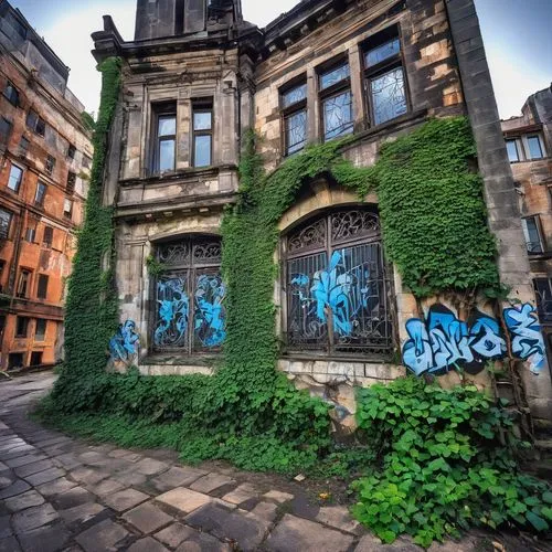 Abandoned, old, ruined, Gothic, Romanesque, Baroque, ornate, grand, luxurious, intricate, detailed, high-contrast, mysterious, abandoned, overgrown, ivy-covered, crumbling, stone, brick, concrete, ste