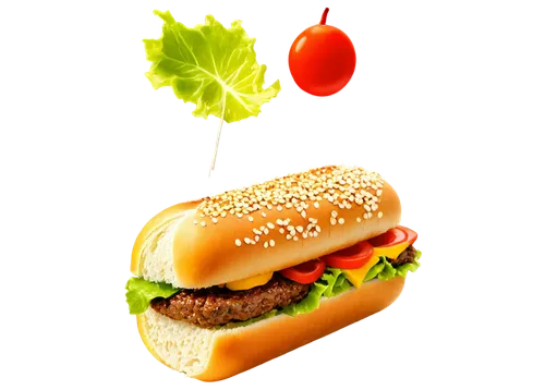 Hot dog, hamburger, fast food, colorful, cartoon style, white bun, red hot dog, yellow mustard, green relish, ketchup, sesame seeds, beef patty, lettuce, tomato, cheese slice, shiny surface, side view