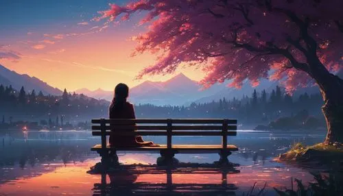 landscape background,romantic scene,japanese sakura background,sakura background,beautiful wallpaper,evening atmosphere,serene,quietude,full hd wallpaper,romantic night,wooden bench,park bench,evening lake,bench,dusk background,nature background,tranquility,solitude,serenity,fantasy picture,Photography,General,Fantasy