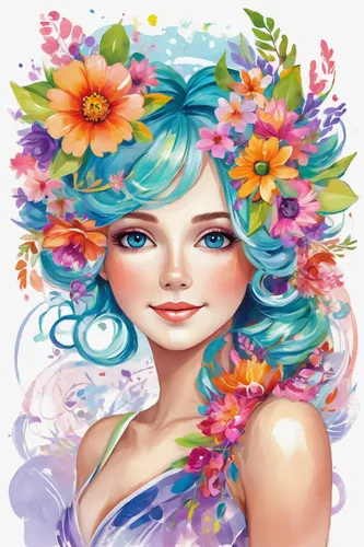 girl in flowers,blooming wreath,floral wreath,floral background,beautiful girl with flowers,colorful floral,flower fairy,flowers png,flower background,watercolor floral background,flower painting,flower crown,wreath of flowers,boho art,flora,flower wreath,colorful daisy,flower hat,mermaid vectors,flower illustrative,Illustration,Abstract Fantasy,Abstract Fantasy 13