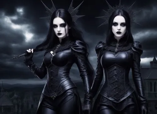 two women are dressed as goth witches,vampyres,dark gothic mood,malefic,sorceresses,gothic portrait,gothic,Illustration,Realistic Fantasy,Realistic Fantasy 46