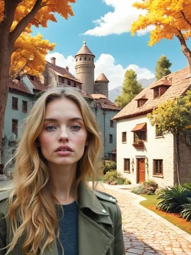 a woman with blonde hair standing in front of a tree,autumn background,delaurentis,autumns,ravenswood,autumn frame,nelisse