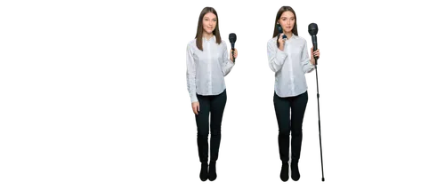 Green screen, chroma keying, virtual background, young woman, solo, (20yo), straight hair, minimal makeup, white shirt, black pants, standing, holding microphone, confident expression, softbox lightin