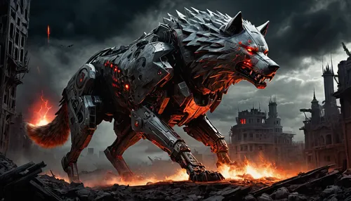 mecha-wolf, menacing pose, glowing red eyes, battle scars, metallic fur texture, armored plating, cybernetic enhancements, dystopian battlefield, war-torn buildings, dark clouds, intense dynamic light