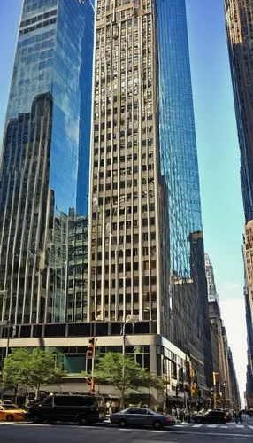 Modern skyscraper, luxurious high-rise building, sleek glass facade, metallic frame, grand lobby, marble floors, chandelier, busy streets, cityscape, downtown area, financial district, Wall Street, su