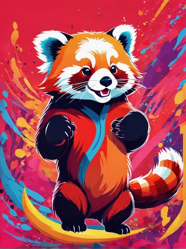 Create a playful illustration of a red panda with vibrant colors.,red panda,rocket raccoon,firefox,mozilla,colorful doodle,panda,pandabear,kung fu,colorful background,rainbow pencil background,bamboo,