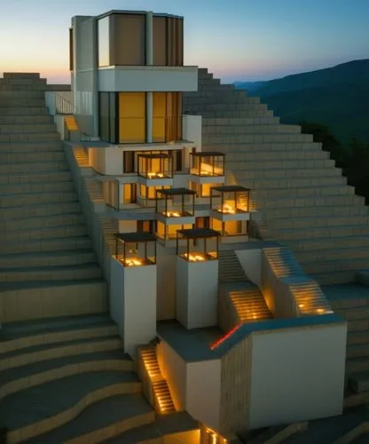 modern house,modern architecture,dunes house,3d rendering,habitat 67,residential tower,palace of knossos,cubic house,step pyramid,staircase,multi-storey,temple fade,render,terraces,modern building,egy