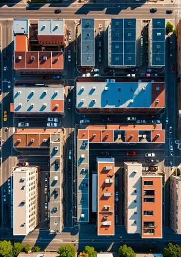 a stunning aerial view of  small buildings out before a bustling city, with bright lights and a clear blue sky overhead. The streets are lined with colorful cars and people, some enjoying their leisur