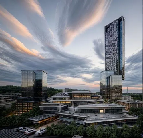 at dusk,a city with tall buildings in the middle and clouds above,highmark,clt,reston,tysons,buckhead,escala,Architecture,Commercial Building,Futurism,Futuristic 16