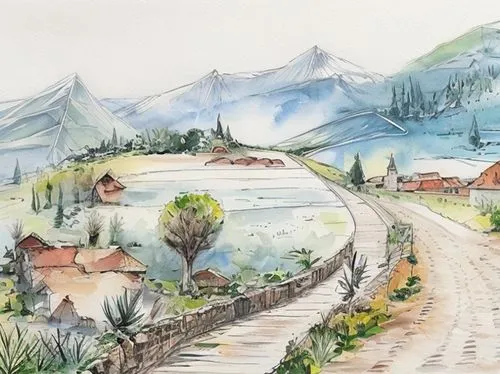 alpine village,mountain village,lavaux,flåm,watercolor shops,alpine pastures,haute-savoie,watercolor,telluride,watercolor sketch,rural landscape,salt meadow landscape,mountain scene,grindelwald,canton of glarus,alpine region,berge stahl,watercolor painting,village scene,alpine route