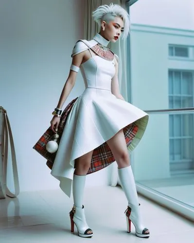 full body crop fashion page,a robot girl super model with futuristic look and white glossy outfit, eyes looking at viewer, glossy props, collarbone, vivid color, hi-tech designed props for helmet, rea