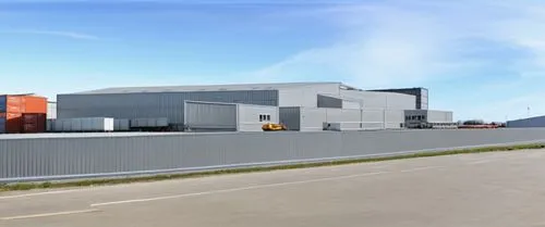 industrial building, metal sheet wall, trailer with container high traffic, export logistic coporation, landscape design around building, have a plant forground,prologis,czarnuszka plant,wartsila,glob