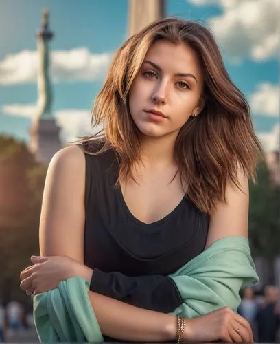 a portrait half body of a beautiful caucasian young 23 years old brown hair in a black T-shirt and brown jacket stand up in the street whitthe Statue of Liberty as background in 4k,romantic portrait,p