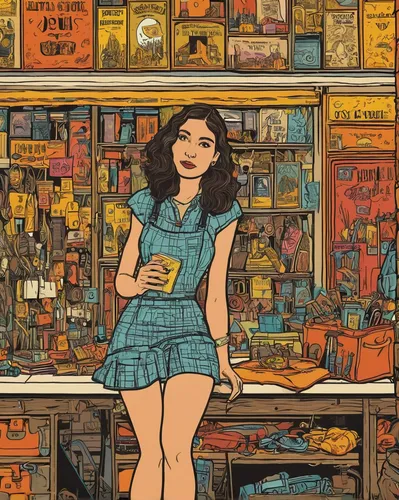 An ambitious twenty-something woman navigates the cutthroat world of fashion in New York City, determined to make a name for herself.,shopkeeper,convenience store,retro girl,woman shopping,grocer,deli