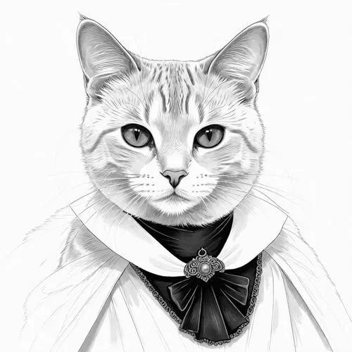 an ink drawing of a cat wearing a black bow tie,drawing cat,cat portrait,dowager,cat line art,noblewoman,pet portrait,Design Sketch,Design Sketch,Detailed Outline