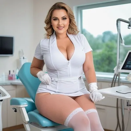 full figure - a beautiful curvy chest chubby voluptuous woman is a dental nurse in a short white minidress where her extremely huge chest can be extremely seen in a deep neckline, she has white latex 