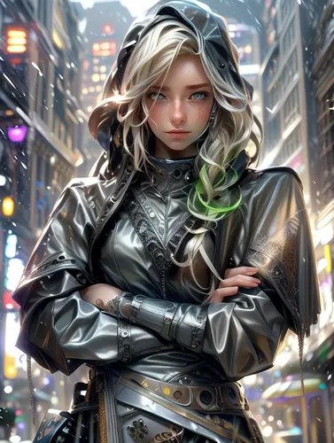 cyberpunk,sci fiction illustration,world digital painting,rain suit,silver rain,fantasy portrait,city ​​portrait,a200,raincoat,anime japanese clothing,fantasy art,jacket,cg artwork,canary,cyber,parka,harajuku,blond girl,cybernetics,black coat