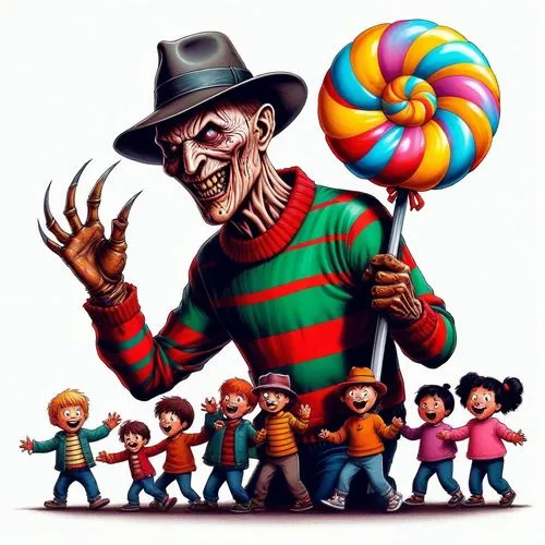 an image of a clown holding up a bunch of lollipops,krueger,freddy,klowns,gpk,pelangi,horrorland