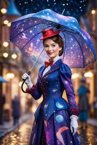 The model woman, adorned in a celestial-inspired gown resembling ((Mary Poppins')) magical attire, stands in a whimsical nighttime setting filled with stars and galaxies. She holds a shimmering umbrel