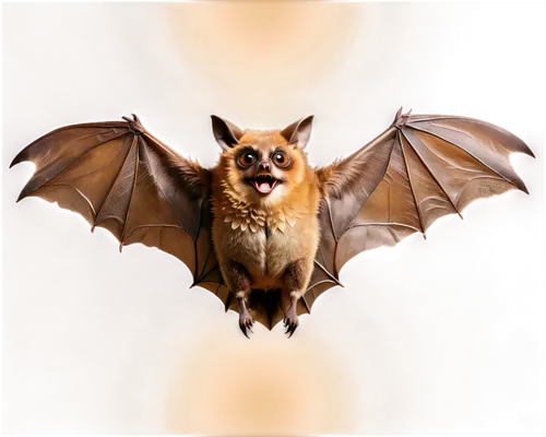 Brown bat, wings spread wide, furry body, big eyes, sharp teeth, perched on edge, flying pose, translucent wings, dark brown fur, shiny eyes, detailed texture, soft focus, cinematic lighting, 3/4 comp