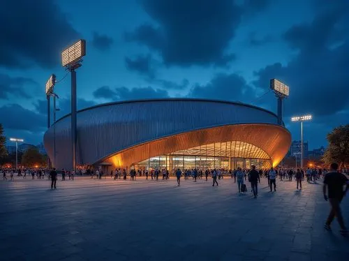 Modern stadium, corrugated iron exterior, curved lines, industrial texture, silver metallic color, sleek design, dynamic architecture, grand entrance, floodlights, evening atmosphere, dramatic shadows